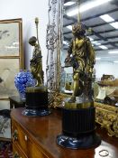 A PAIR OF ANTIQUE BRONZE FIGURES BY C. CUMBERWORTH, LATER MOUNTED AS LAMPS ON EBONISED PLINTH BASES