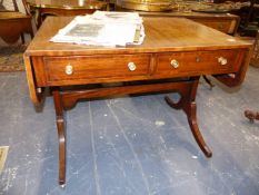 A 19TH.C.MAHOGANY AND INLAID TWO DRAWER SOFA TABLE. APPROX 138cms WIDE EXTENDED.