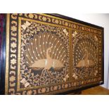 A LARGE EASTERN NEEDLEWORK PANEL OF TWO PEACOCKS, FRAMED, 142CM HIGH X 218CM WIDE OVER ALL.