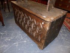 A 17TH.C.AND LATER OAK PLANK COFFER. 100cms WIDE