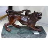 A BRONZE MODEL OF AN ETRUSCAN CHIMAERA ON RECTANGULAR MARBLE BASE. 28CM LONG X 10CM WIDE X 18CM HIGH