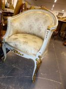 AN ANTIQUE CARVED GILT AND PAINTED WOOD SHOW FRAME TUB ARMCHAIR.