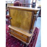 A VICTORIAN WALNUT MUSIC CABINET WITH TWO DRAWER BASE. 62cms WIDE