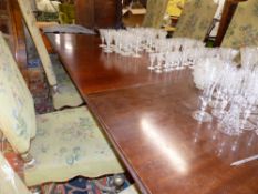 A BESPOKE LATE GEORGIAN STYLE MAHOGANY PEDESTAL DINING TABLE.