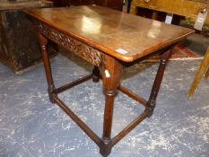 A LATE 17TH.C. AND LATER OAK STRETCHER BASE SMALL TABLE. 75cms WIDE