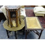 TWO EASTERN BRASS BENARES TABLE AND A SYRIAN INLAID TABLE.