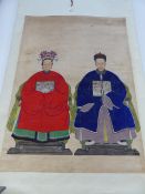 A CHINESE SCHOOL, DOUBLE ANCESTER PORTRAIT AND A SINGLE ANCESTOR PORTRAIT, WATERCOLOURS MOUNTED AS