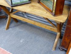 A 19TH.C.COUNTRY PINE X FRAME TRESTLE TABLE. 145cms LONG