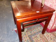 A CHINESE CARVED HARDWOOD SQUARE LOW TABLE.