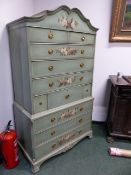 AN ANTIQUE AND LATER DECORATED GEORGIAN STYLE CHEST ON CHEST WITH SECRETAIRE DRAWER