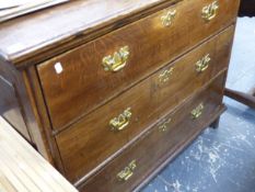 AN 18TH.C.OAK CHEST OF THREE LONG DRAWERS WITH PANEL SIDES. 111cms wide