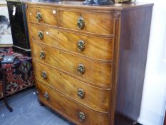 A LARGE LATE GEORGIAN MAHOGANY BOW FRONT CHEST OF TWO SHORT AND FOUR LONG GRADUATED DRAWERS.