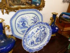 TWO CHINESE EXPORT BLUE AND WHITE MEAT PLATES