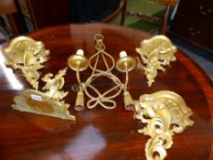 A GROUP OF FOUR GILDED WALL BRACKETS AND A GILT ROPE KNOT WALL SCONCE.