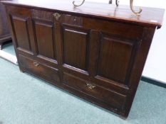 A MID 18TH.C.OAK MULE CHEST WITH TWO DRAWER BASE. 141cms WIDE