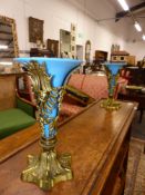 A PAIR OF GILT BROBZE MOUNTED BLUE GLASS VASES/ EPERGNE