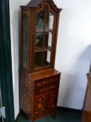 A 19TH.C.MARQUETRY INLAID SMALL DISPLAY CABINET ON AN ASSOCIATED CUPBOARD BASE. APPROX 180cms HIGH