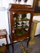 A 19TH.C.MAHOGANY AND INLAID DISPLAY CABINET ON SHAPED SWEPT LEGS. 70cms WIDE