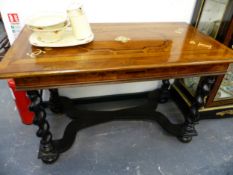 A PAIR OF CONTINENTAL INLAID WALNUT AND EBONISED BASE CENTER TABLES. 125cms WIDE