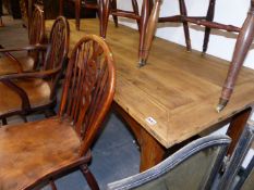 AN ANTIQUE LARGE FRUITWOOD AND OAK COUNTRY KITCHEN TABLE. 203cms LONG.