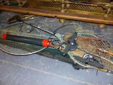 A GROUP OF FISHING EQUIPMENT TO INCLUDE HARDY LANDING NET, A GAFF, LURES, ETC