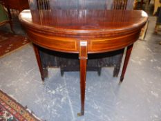 A REGENCY MAHOGANY AND SATINWOOD BANDED FOLD OVER CARD TABLE. 92cms WIDE