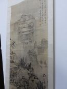 A JAPANESE SCROLL DECORATED WITH A LANDSCAPE SCENE, 128 x 61cms ANOTHER CALIGRAPHY SCROLL, 114x51cms