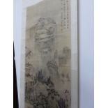 A JAPANESE SCROLL DECORATED WITH A LANDSCAPE SCENE, 128 x 61cms ANOTHER CALIGRAPHY SCROLL, 114x51cms