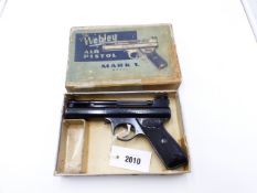 WEBLEY & SCOTT LIMITED THE WEBLEY MARK I AIR PISTOL, IN .22 CALIBRE, SERIAL NO 1164, CONTAINED IN