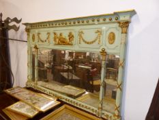 A 19TH.C.PAINTED AND GILT DECORATED OVERMANTLE MIRROR. 144cms WIDE.