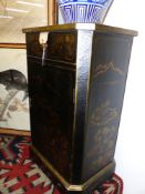 A PAIR OF ORIENTAL DESIGN LACQUERED SMALL CABINETS, FRIEZE DRAWERS ABOVE CUPBOARDS.