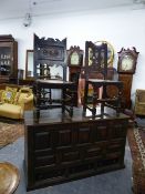 AN 18TH.C.OAK MULTI PANEL MULE CHEST WITH THREE DRAWER BASE TOGETHER WITH TWO 18TH.C.OAK SIDE