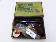 A WEBLEY SENIOR AIR PISTOL, IN .22 CALIBRE, SERIAL NO 381, COMPLETE WITH BOX, .177 BARREL, WEBLEY