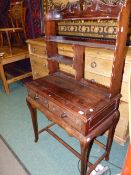 AN ANTIQUE CHINESE CARVED HARDWOOD TWO DRAWER SIDE TABLE WITH SHELF SUPERSTRUCTURE. H 144, W 76cms