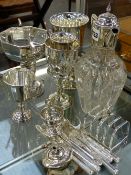 A SILVER MOUNTED CUT GLASS CLARET JUG. CHESTER 1901. 24CM HIGH. SIX SILVER GOLFING TROPHIES,