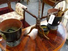 THREE KNITTING SHEATHS, A PAIR OF TOLE CACHE POT WITH BRASS MOUNTS, THREE TOLE SMALL TRAYS, A PAPIER