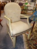 A SET OF EIGHT PAINTED FRAME UPHOLSTERED DINING CHAIRS.