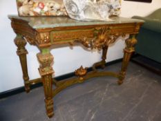 A PAIR OF FRENCH CARVED WOOD, PAINT AND GILT DECORATED MARBLE TOPPED CONSOLE TABLES.