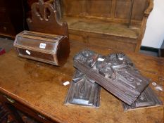 A GROUP OF THREE CARVED OAK ELEMENTS AND A 19TH.C.PINE CANDLE BOX.