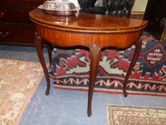 A PAIR OF GEO.III.MAHOGANY AND SATINWOOD BANDED FOLD OVER CARD DEMI LUNE TABLES ON SLENDER TAPERED