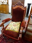 A VICTORIAN MAHOGANY SHOW FRAME ARMCHAIR.