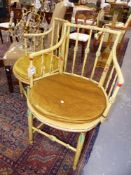 A PAIR OF 19TH.C. PAINTED FRAME OPEN ARMCHAIRS WITH CANE SEATS.