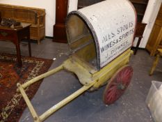 A SMALL ANTIQUE PAINTED BARREL TOP ADVERTISING HAND CART.