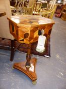 A 19TH.C.SPECIMEN WOOD INLAID TEAPOY WITH FITTED INTERIOR AND BRASS MOUNTS. 38cms WIDE