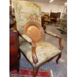 A LARGE 19TH.C. FRENCH SHOW FRAME ARMCHAIR WITH TAPESTRY UPHOLSTERY. 77cms WIDE