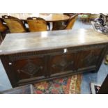 AN 118TH.C.OAK LARGE BLANKET CHEST / COFFER WITH CARVED PANELS AND FRIEZE. 163cms WIDE