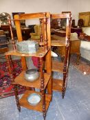 A PAIR OF MAHOGANY FOUR TIER WHAT NOT ON TURNED SUPPORTS. 136cms HIGH.