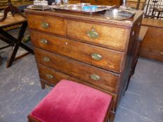 A LATE GEORGIAN OAK CHEST OF TWO SHORT AND THREE LONG DRAWERS. 101cms WIDE.