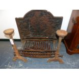 A 19TH CENTURY CAST IRON FIRE BACK, GRATE AND DOGS