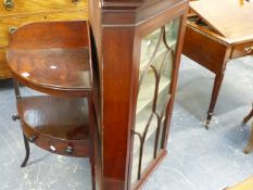 A LATE GEORGIAN MAHOGANY AND EBONY LINE INLAID CORNER WASHSTAND TOGETHER WITH A GLAZED MAHOGANY WALL